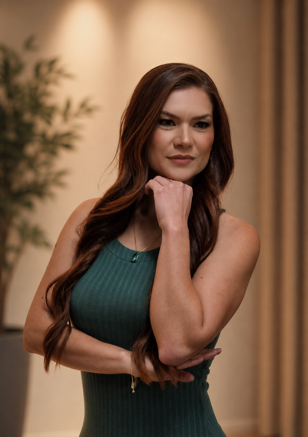Fernanda Doms, nutricionista, de jaleco branco em seu consultório