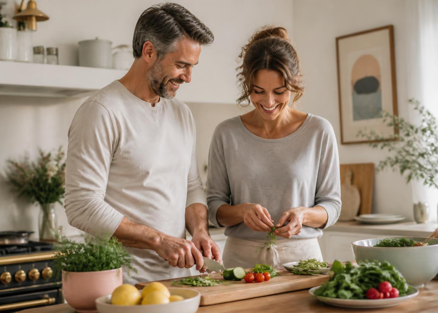 Casal adulto preparando uma refeição saudável juntos em casa